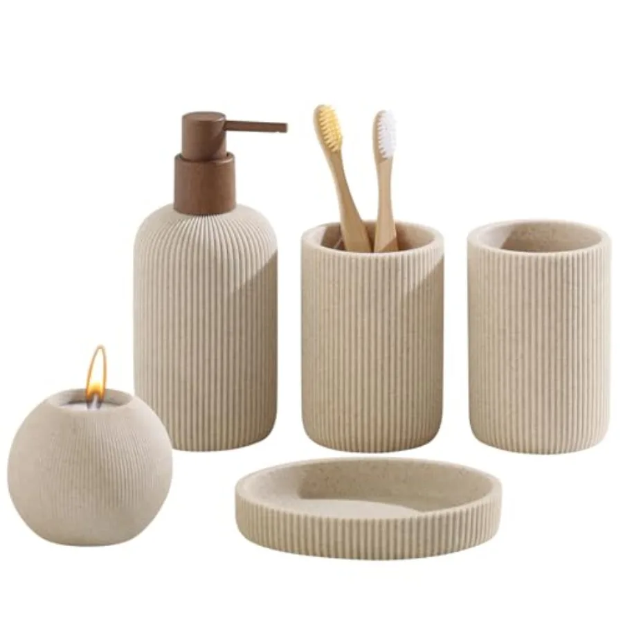 

Bathroom Accessories Set, 5 PCS Sandstone Look Stripe Modern Bath Organizer with Soap Dispenser, Toothbrush Holder, Tumbler, So
