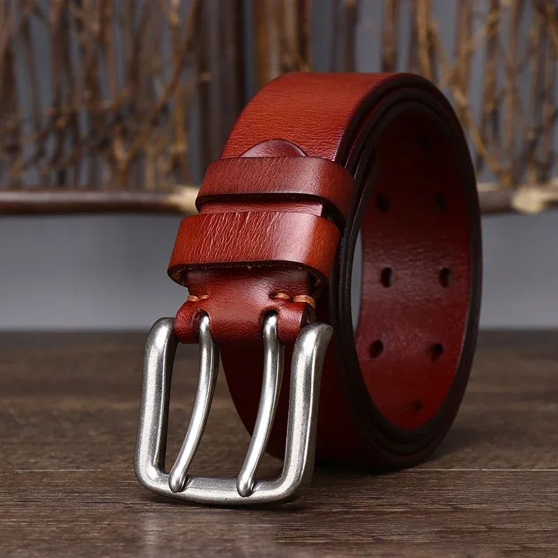 3.8cm Width Belts for Men Male Gift Mens Cowskin Genuine Leather Designer Belt Vintage Jeans Belt Strap Double Pin Buckle 2024