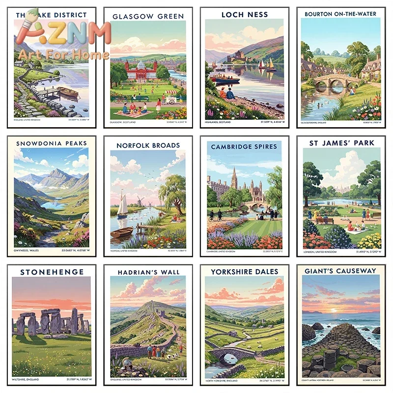 Popular Great UK Landscape Travel Poster Busy Street Leisurely People's Life Market Canvas Painting Wall Art Pictures Home De