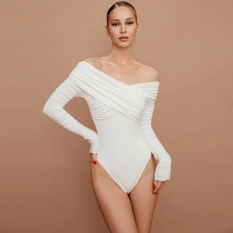 

Sexy Folds Bodysuits Women Fashion Regular Solid Long Sleeves Slash Neck Skinny Rompers Streetwear Casual Slim Female