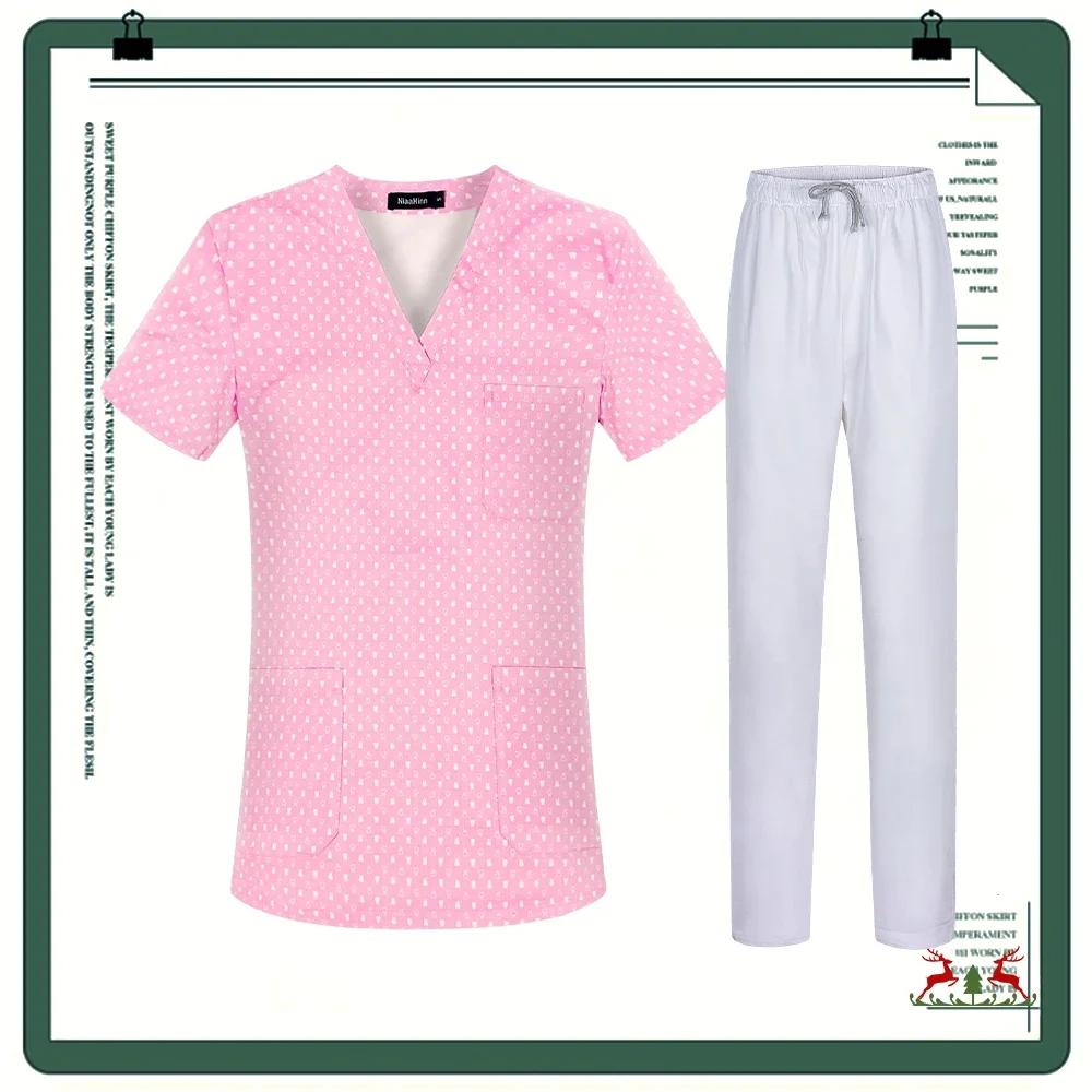 Manga curta enfermeira uniforme com bolsos, Enfermagem Scrubs Top, Médico Scrub Calças, Blusa de impressão, Sala de cirurgia Workwear