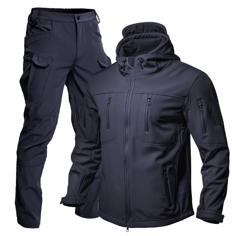 Herren Shark Skin Softshell Taktisches 2-Teiliges Set Fleece-Gefütterte Wasserdichte Winddichte Kapuzenjacke Multi-Taschen Cargo-Hose Winter-Outfit