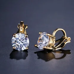 Trendy Round Cubic Zirconia Copper Clip Earrings For Women Gold Color Crystal Metal Earring Party Wedding Daily Jewelry