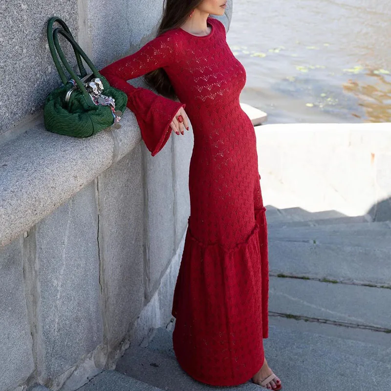 Elegant O-neck Ruffle Autumn Dresses Red Jacquard Crochet Slim Long Robe Dress Flared Sleeves High Waist Wrap Hip Women's Dress