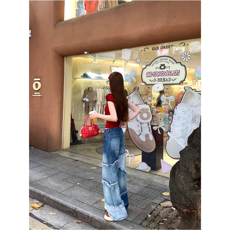 Blue Women Jeans High Waist Fashion American Vintage Streetwear Y2K 2000S Wide Leg Jean Female Denim Trouser Baggy Denim Pants