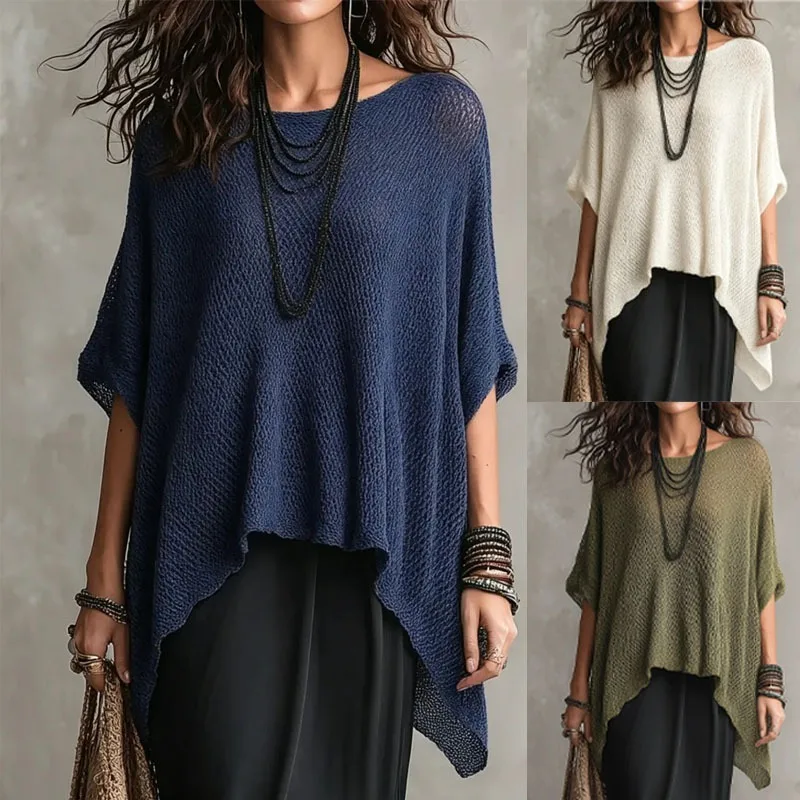 

2026hot Summer Women Boho Loose Hollow Knit Top Irregular Hem Batwing Sleeve Casual Blouse Vintage Beach Shirt Streetwear 2026