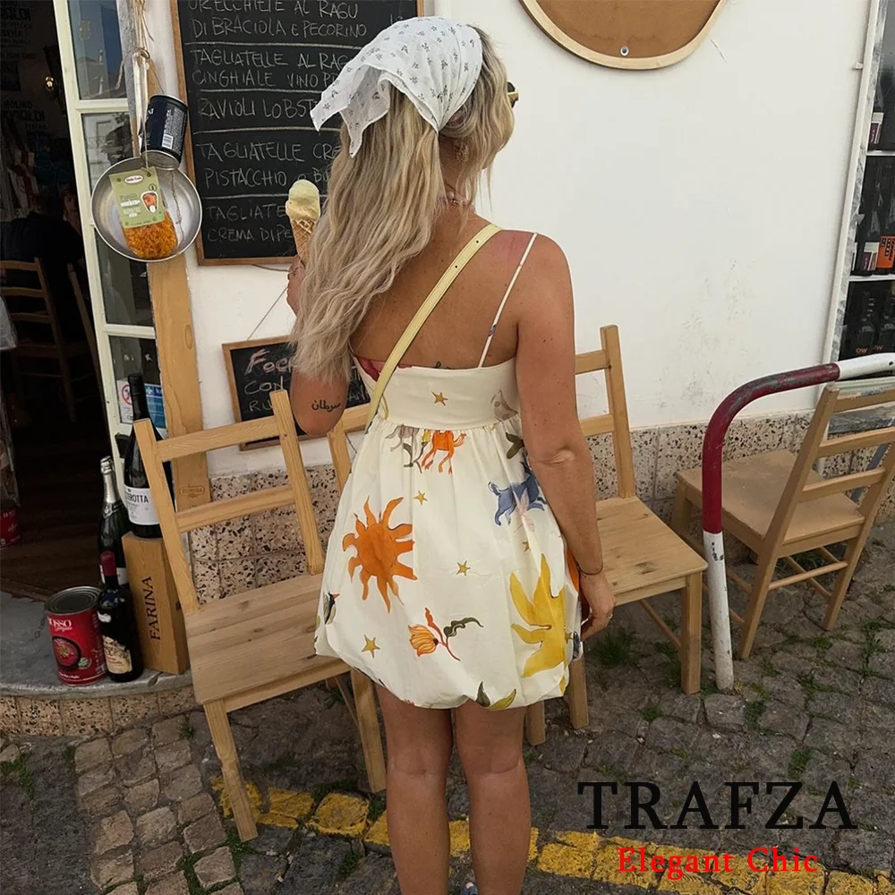 TRAFZA Sweet Print Mini Women Dress Fashion 2024 Summer Cami Party Pleated Zipper Dress Prairie Chic Dress Beach Holiday Dress