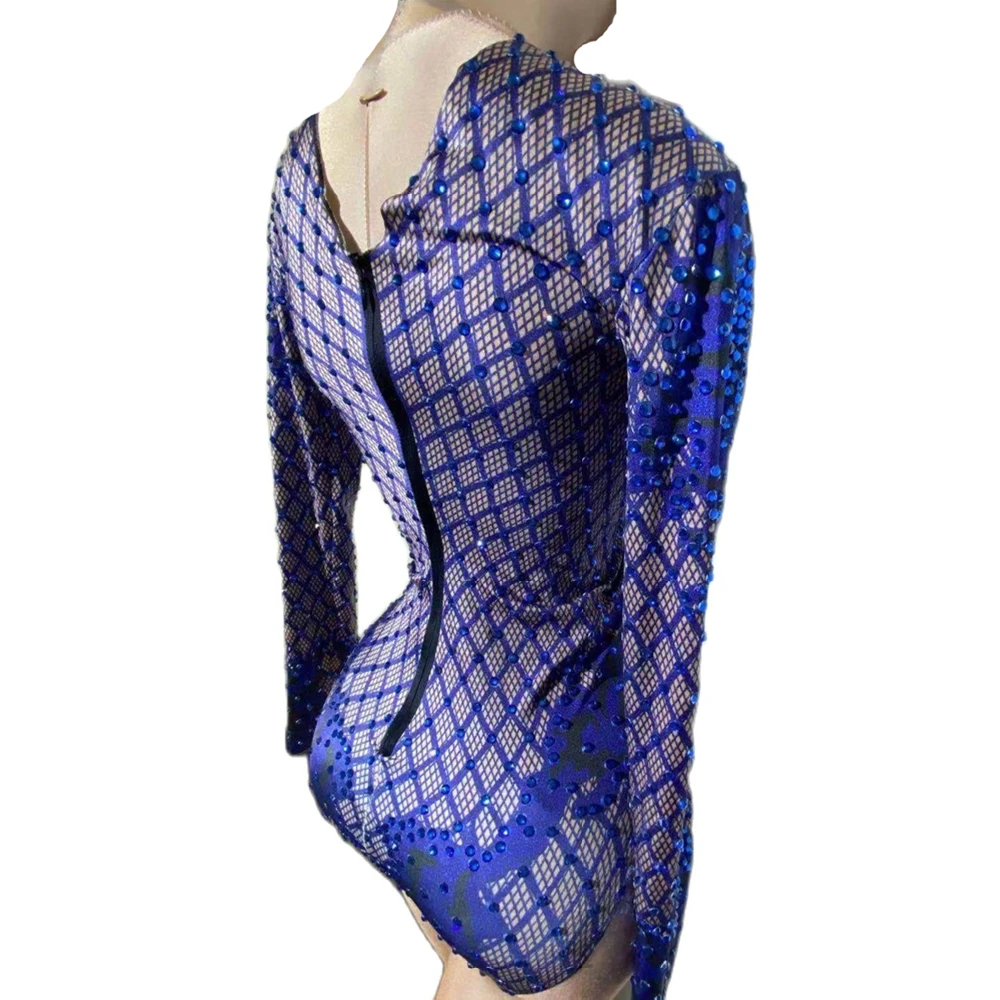 Mangas compridas azul malha bodysuits para mulheres, brilhantes strass, sexy boate roupas, roupas de DJ, palco cantor trajes, pólo veste