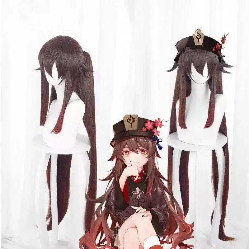 Genshin Impact Hu Tao-Peluca de Cosplay estilo de marco facial marrón-negro para juegos COS y Anime pelo largo marrón-negro