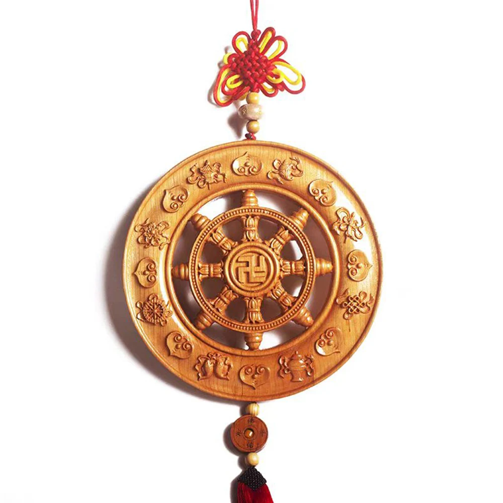 

Peach wood dharma wheel with the Great Compassion Curse, Wood carved Feng Shui pendant, home Lucky hanging decorations