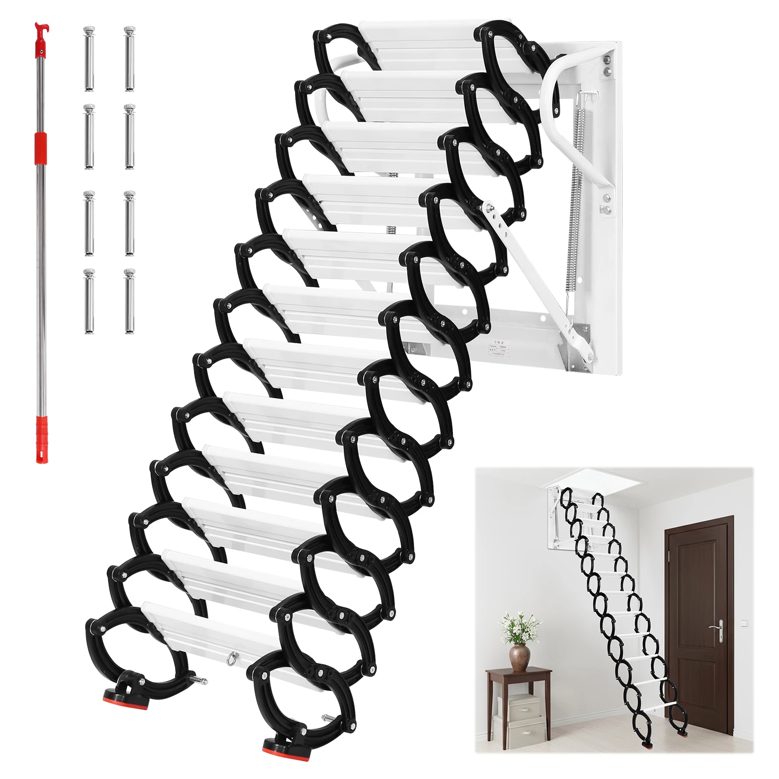 12 Steps Pull Down Attics Ladder Up To 600lbs Telescoping Attic Ladder with Anti-Slip Steps 11.2ft for Indoor Outdoor
