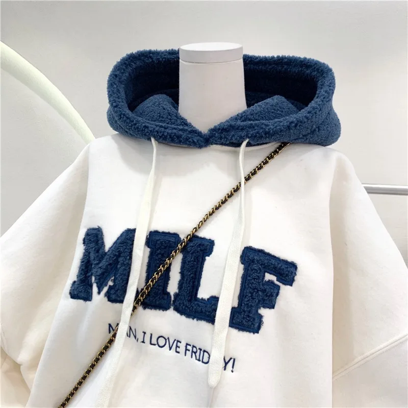Women Loose Fashion Autumn Letter Splicing Lamb Hoodies Sweatshirt Casual Cotton Thick Long Sleeve Female Pullover Streetwear