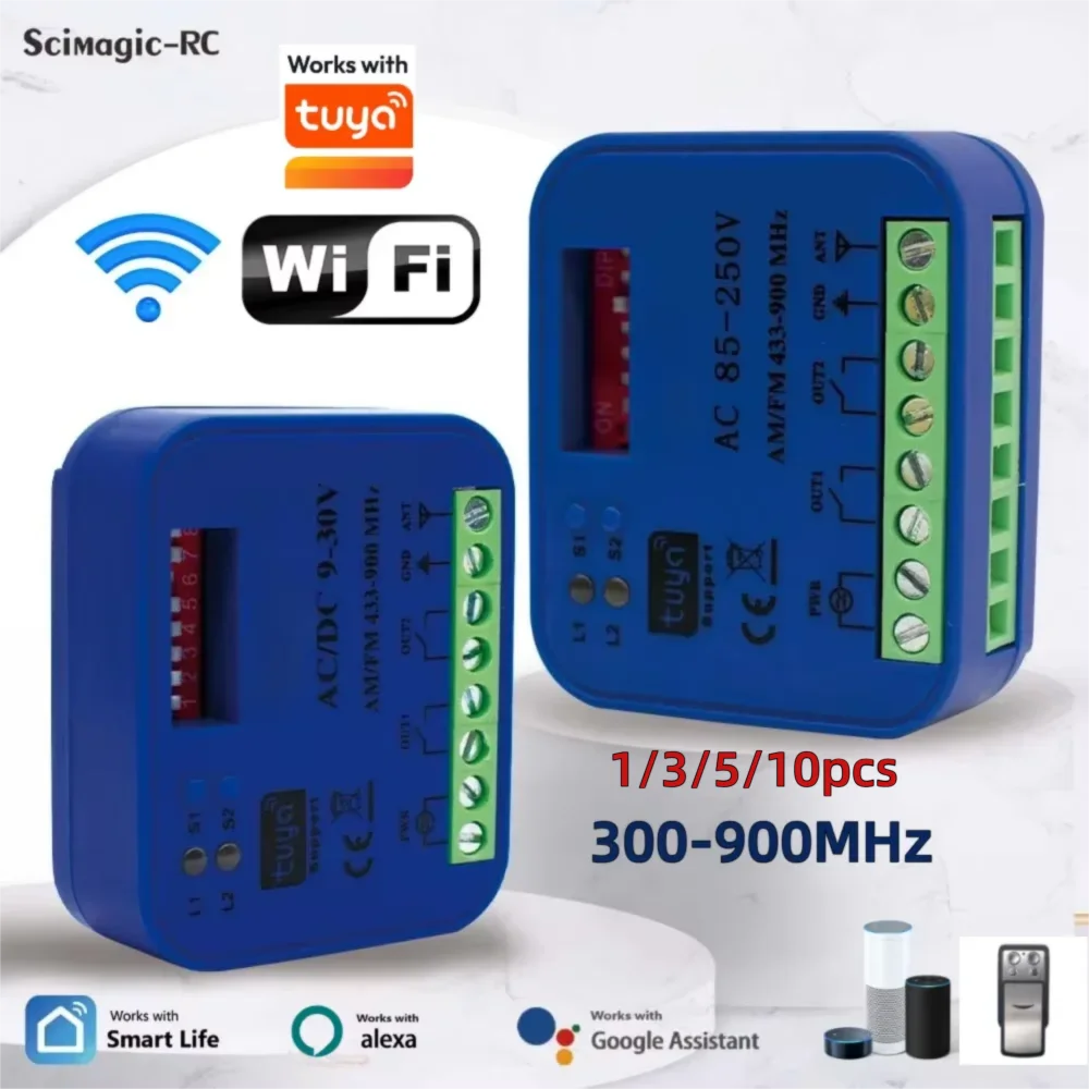 2CH WiFi Garage Door Receiver 300-900MHz Universal RF Remote Controller Switch Module AC DC 85-250V 7-32V Works with Tuya Alexa