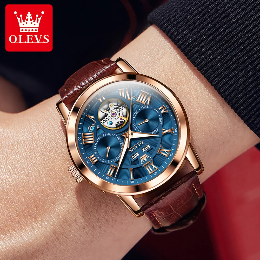 OLEVS 6668 Top Luxury Brand Men\'s Automatic Mechanical Watch Dual Calendar Clock Leather strap Original Business Men\'s Watch