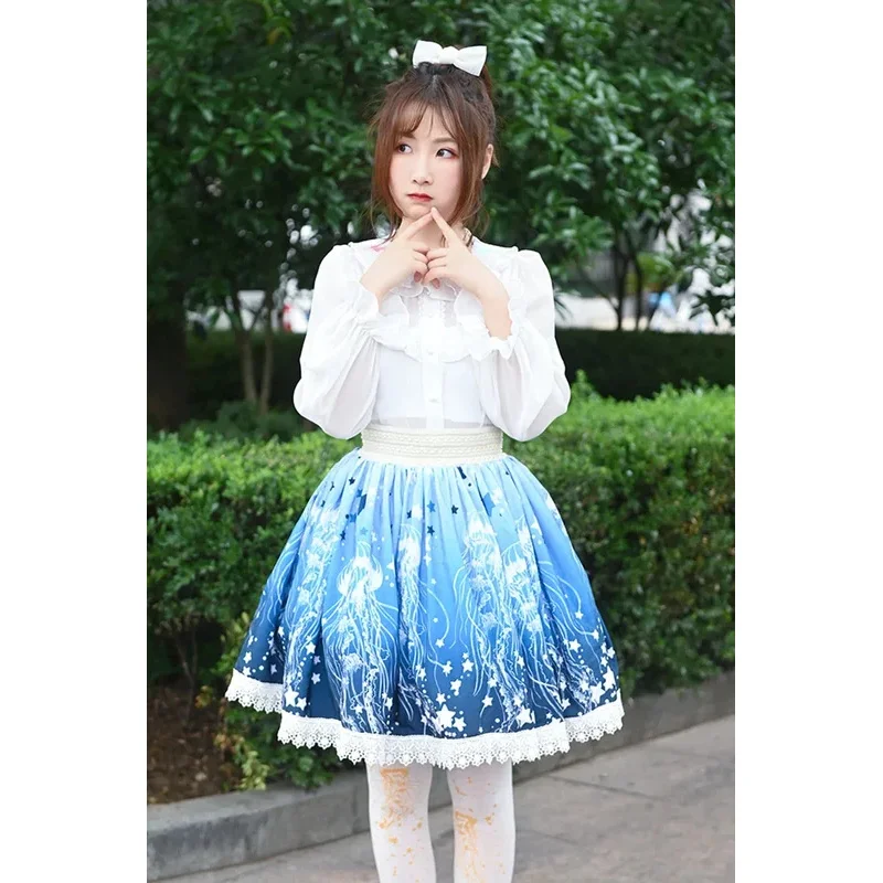 Ainclu الأصلي اليابانية لينة شقيقة الأزرق Acaleph قنديل البحر طباعة قصيرة الدانتيل الأميرة مطوي لوليتا تنورة هدية Soc if;3 #2