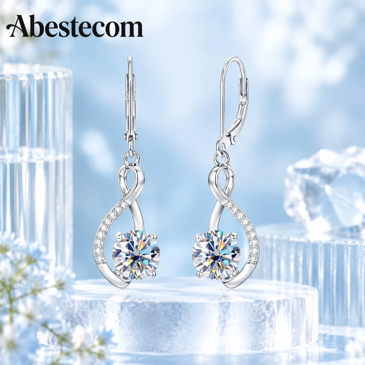 Abestecom 925 Sterling Silver 7.5mm Moissanite Infinity Leverback Drop Dangle Earrings for Women Wedding Fine Jewelry Gift Ideas