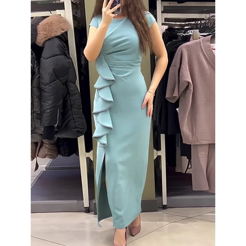 Tinaa Ruffles Hotfix Rhinestones Dresses 2026 Summer New O Neck Flying Sleeve Bodycon Wedding Party Elegant Dress 153522