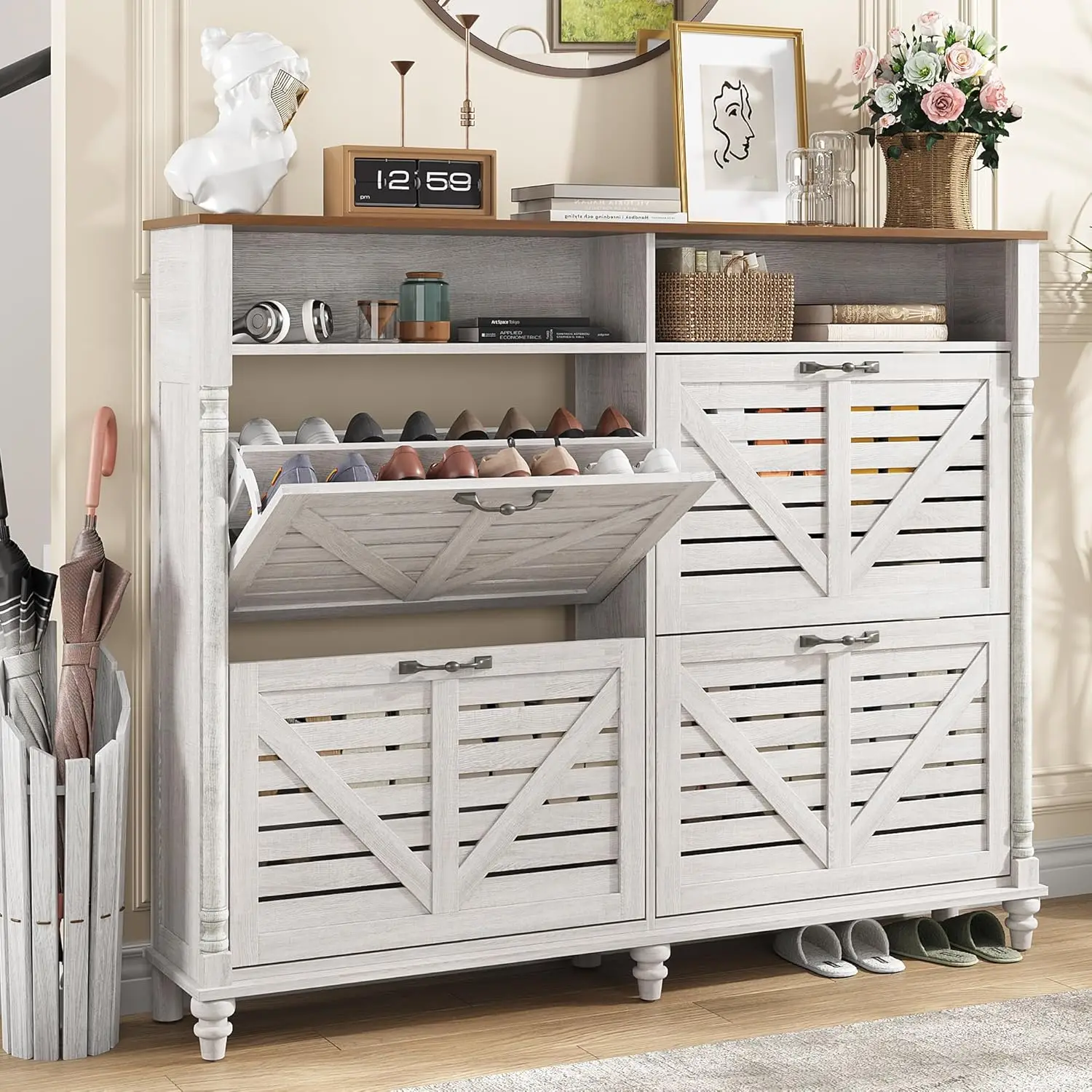 

Equipped with 4 Flip Drawers, Farmhouse Shoe Cabinet with 2 Open Storage Spaces, Concealed Narrow Shoe Rack for Wooden Shoes