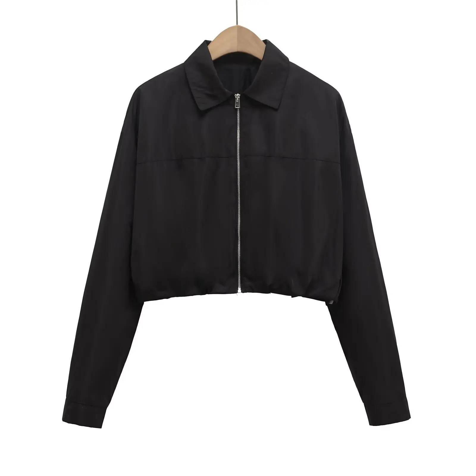   Sommer neue einfache und modische Reißverschluss freiliegende Taille plissierte Dekoration breites Revers langärmelige kurze Jacke