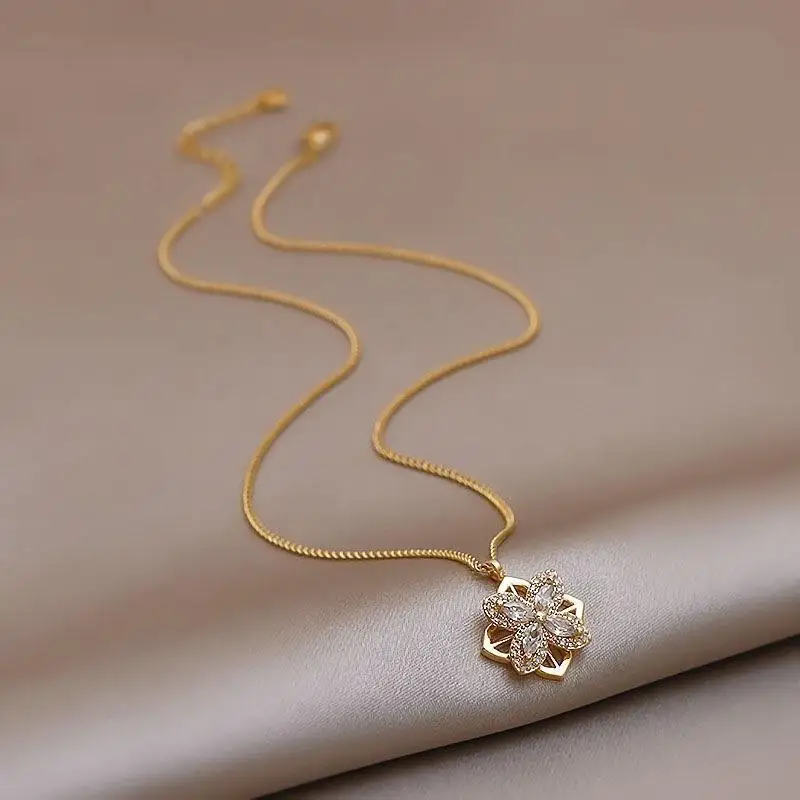 

Revolving Flower Pendant Gold Plated Chain Stainless Steel Charm Jewelry Gift Gorgeous Zircon Necklace Earrings Ring For Women