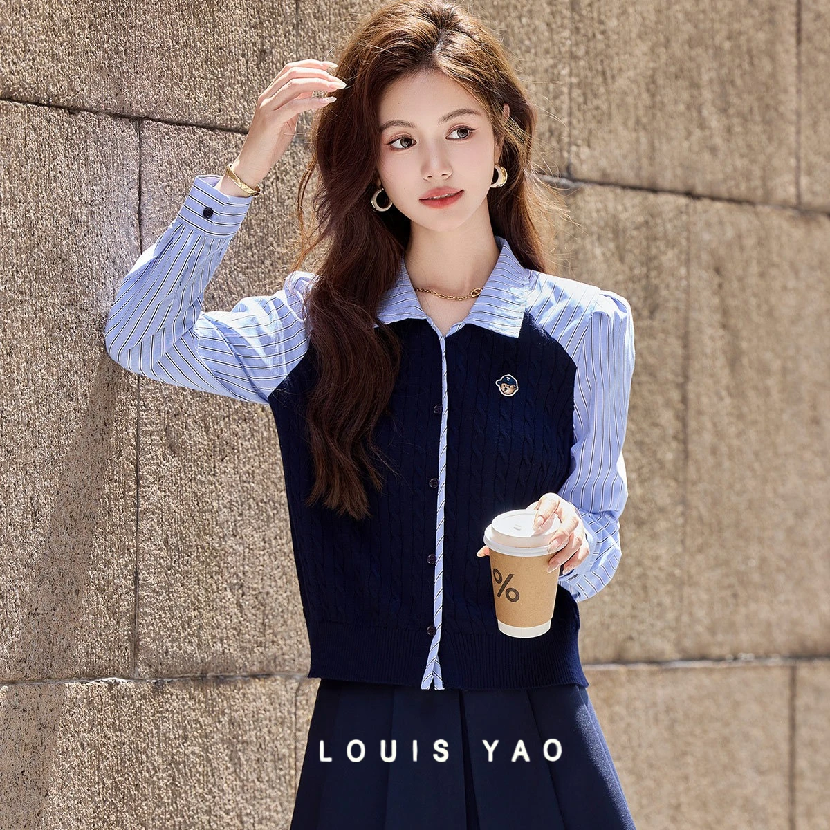 

LOUIS YAO Gentle Splicing Contrast Colours Women's Sweater Shirt 2025 Autumn Long Sleeve Knitwear Cardigan Embroidered Logo Tops