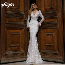 Sexy Bodycon Lace Mermaid Wedding Dress Transparent Back Long Sleeves Bridal Gowns Appliques V-Neck Bride Dress suknia ślubna