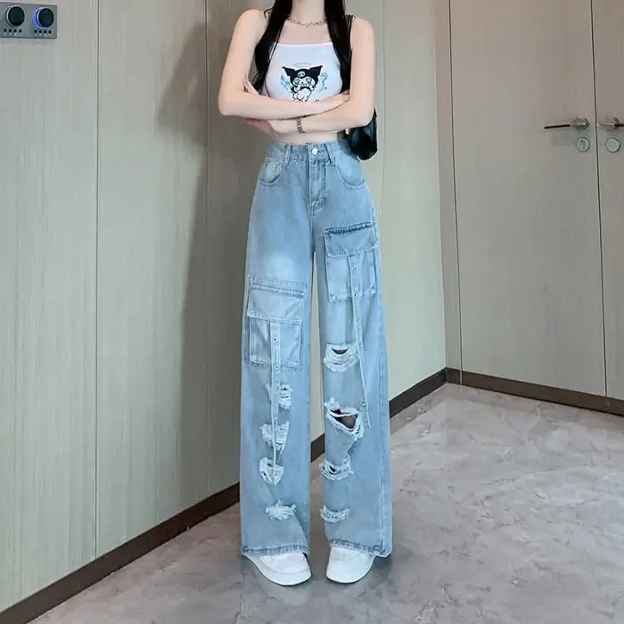 

American Multi-pocket Ripped Work Jeans Women Spring Summer New Style High Waist Straight-leg Fashion Versatile Long Pants