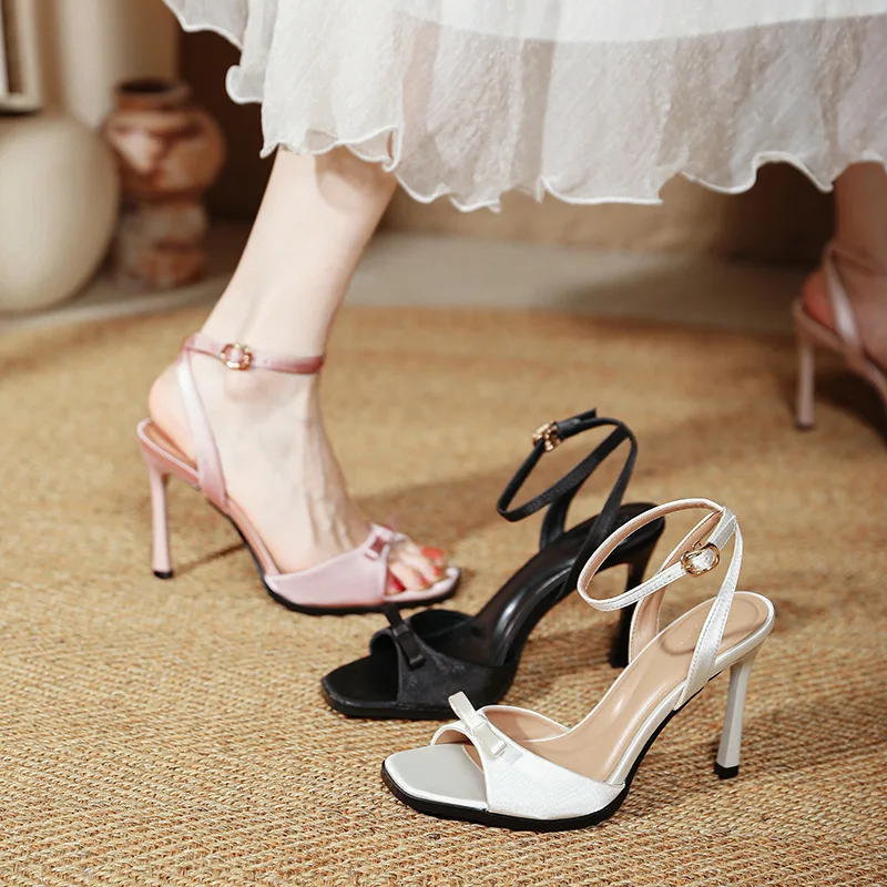 Womens High Heels Open Toe Stiletto Heel Satin-Look Finish Ankle Strap Bow Accent Dressy Evening Sandals