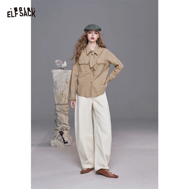 

ELFSACK 2025, осенние новые поступления, элегантная повседневная блузка в клетку с длинными рукавами и кружевной отделкой для женщин