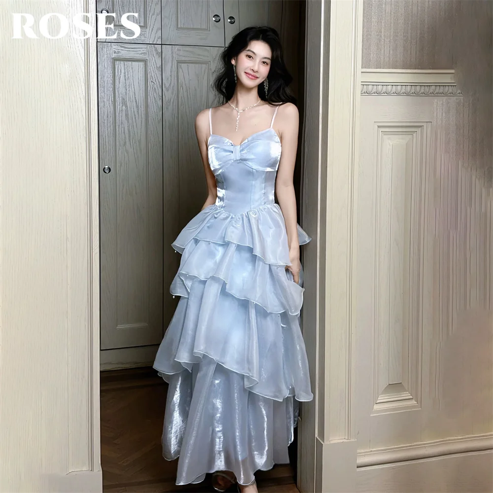 

ROSES Blue Organza Prom Dresses Spaghetti Strap Tiered Evening Dresses A Line Party Dress Minimalist Robe De Soirée Customized
