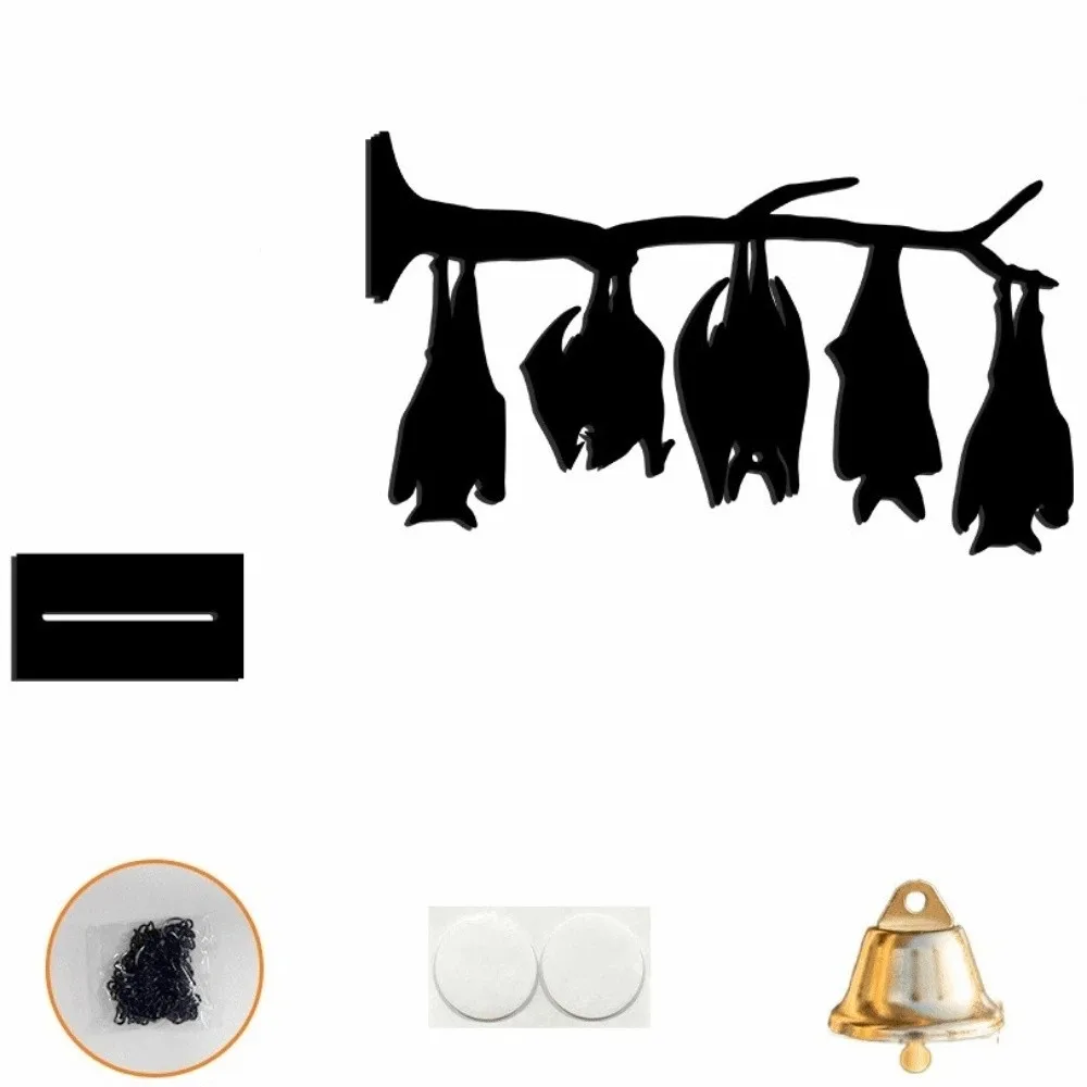 2D Flat Inverted Branch Bat Wind Chime Spooky with Bell Hanging Bat Pendant Acrylic Gothic Style Halloween Wind Chime Wall