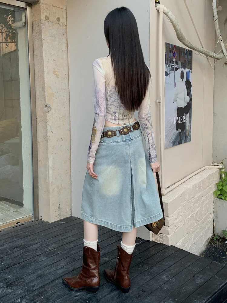 REDDACHiC Women Knee Long Pleated Jeans Skirt Light Wash Blue Vintage High Waist A-line Rigid Denim Skirt Korean Y2k Streetwear