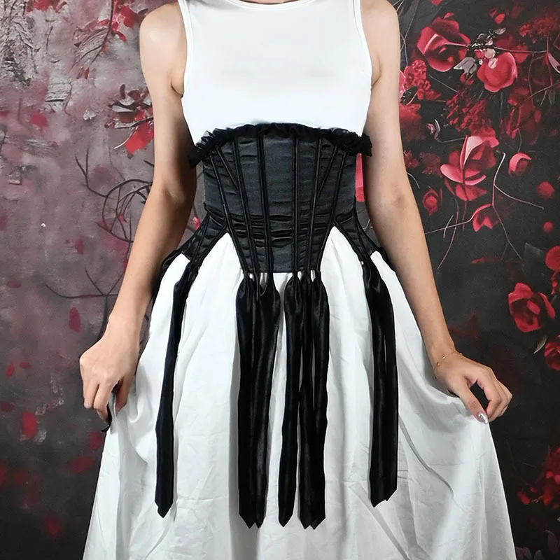 Black Retro Gorgeous Corset Bustier Top Back Lace-up Boned Corset With Ribbon Fringed Hem and Lace Chest Edge, Waistcoat Corset