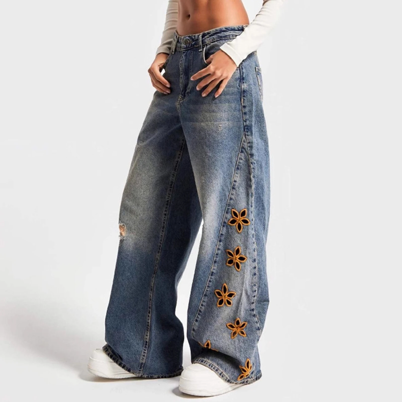 

Women Wide Leg Jeans Fashion Denim Pants Mid Waist Pants with Pockets Floral Embroidered Loose Baggy Jeans Chic Streetwear