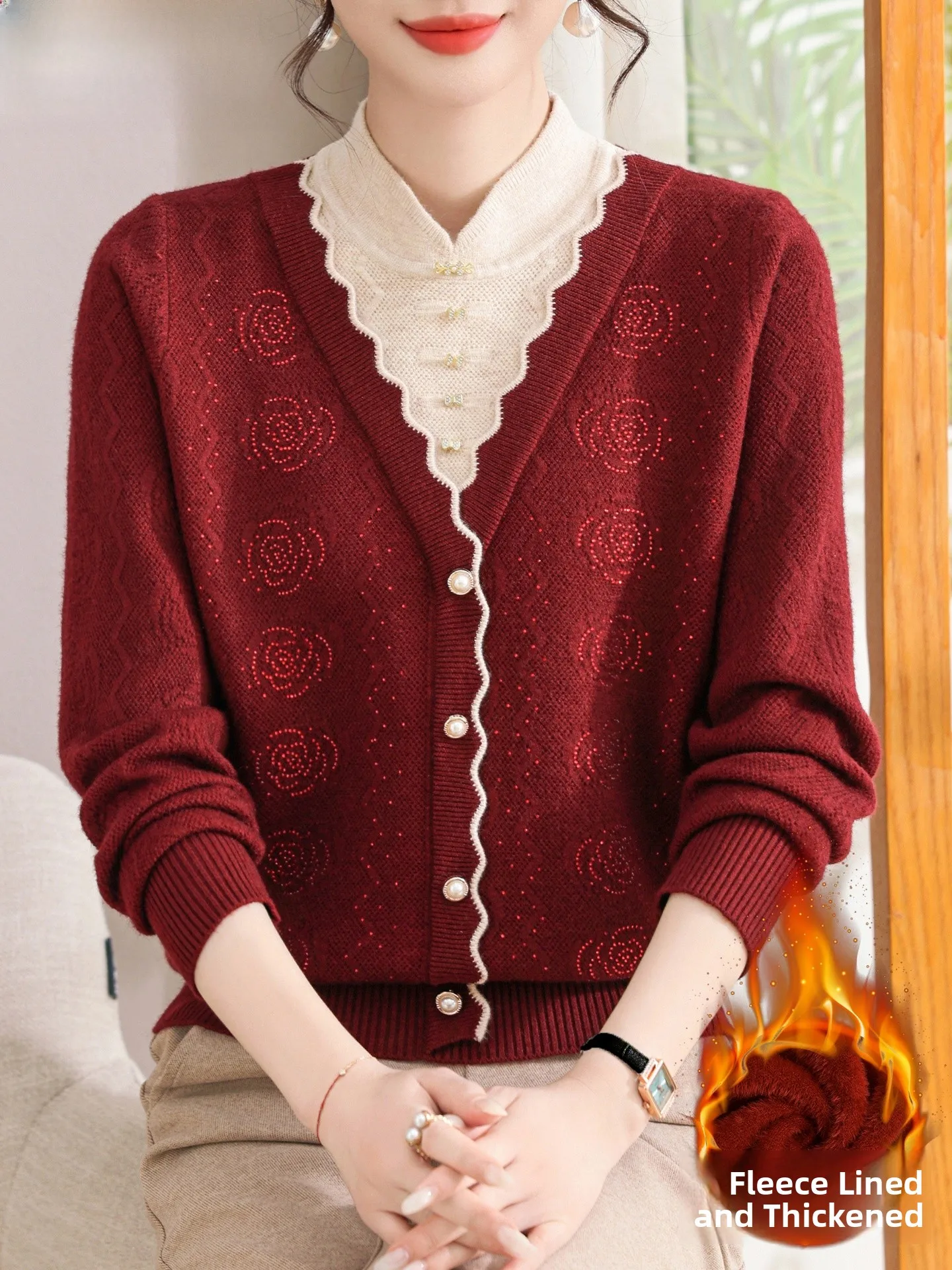 

Красный вязаный свитер Ele: базовый слой для осенней моды, теплые свободные длинные брюки для женщин среднего и старшего возраста, повседневная одежда