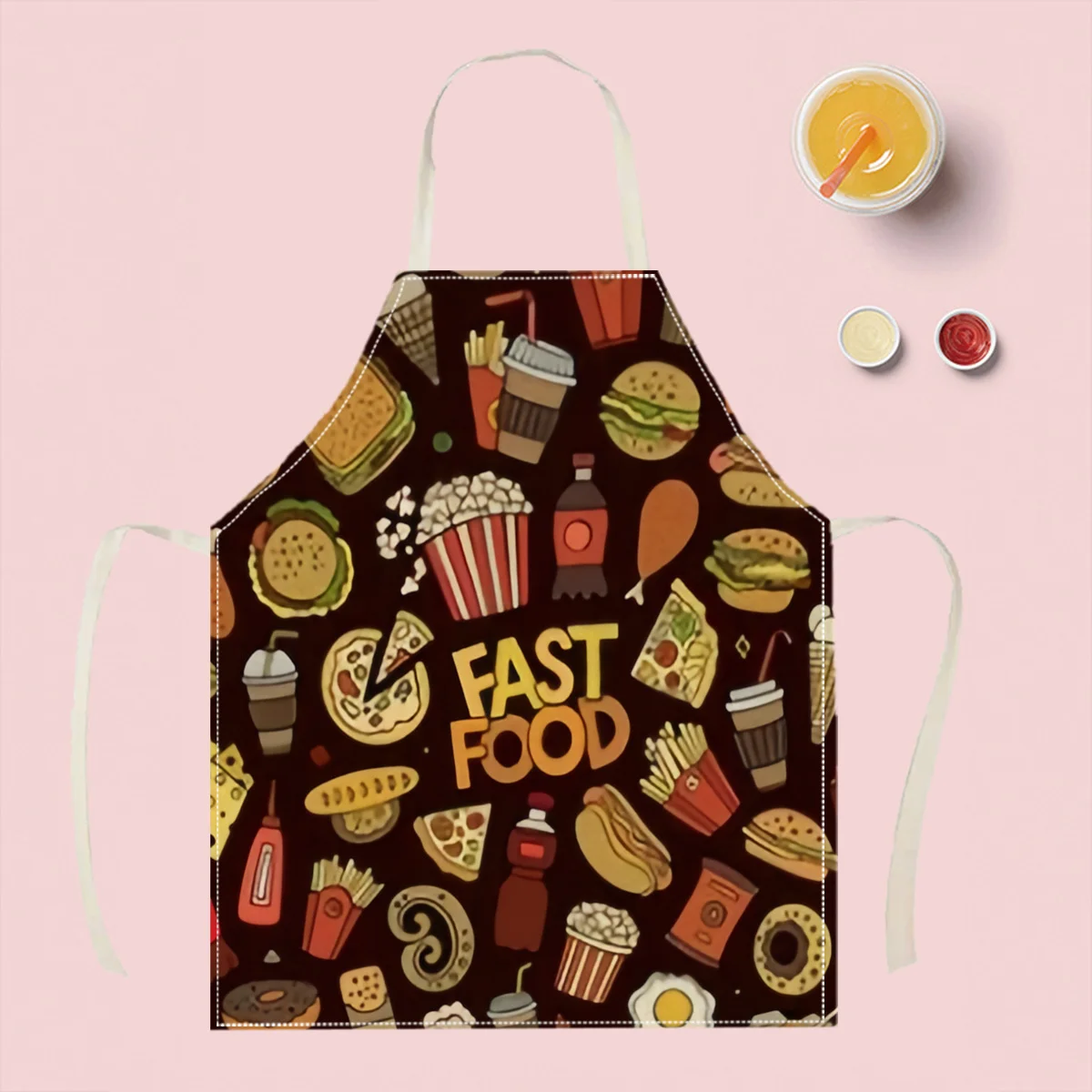 1pc Fast Food Apron Linen Cartoon Kitchen Cooking Baking Painting Gift For Fast Food Lovers