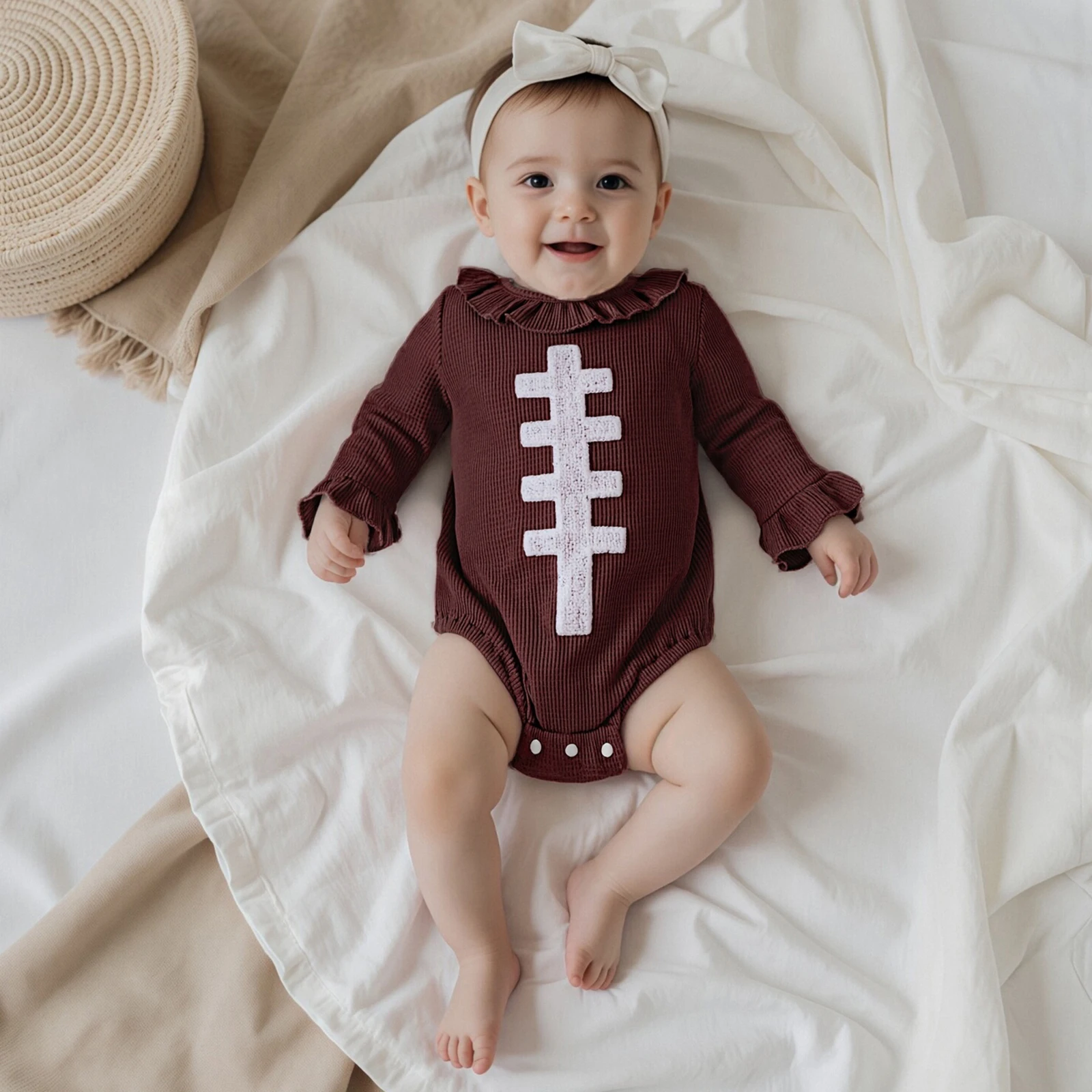 

Осенняя одежда для малышей, осенний комбинезон для девочек, футбольный комбинезон с длинными рукавами и рюшами и вышивкой, одежда для новорожденных