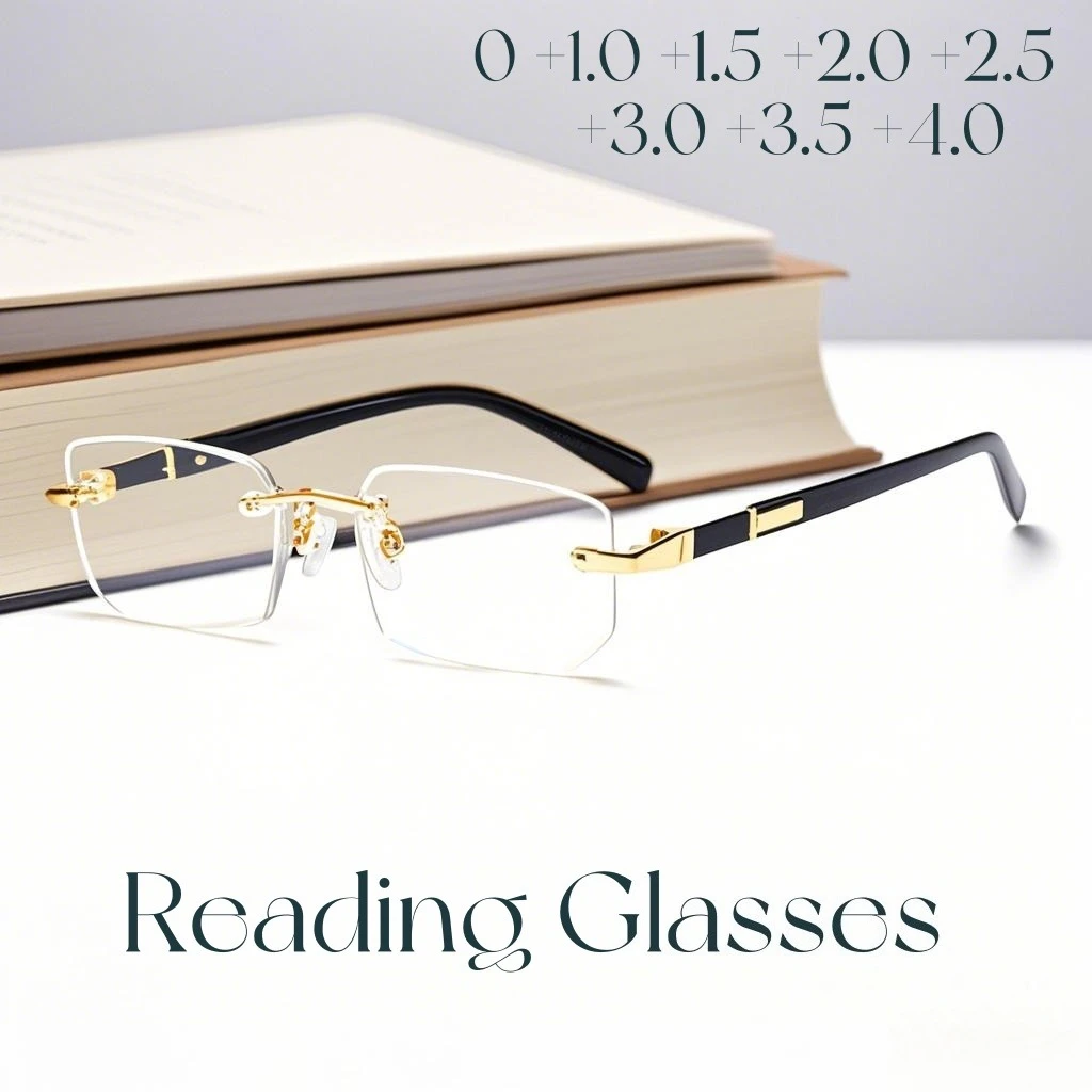 

New European and American Business Frameless Reading Glasses for Men and Women UV400 Square Metal Small Frame Presbyopia Glasses