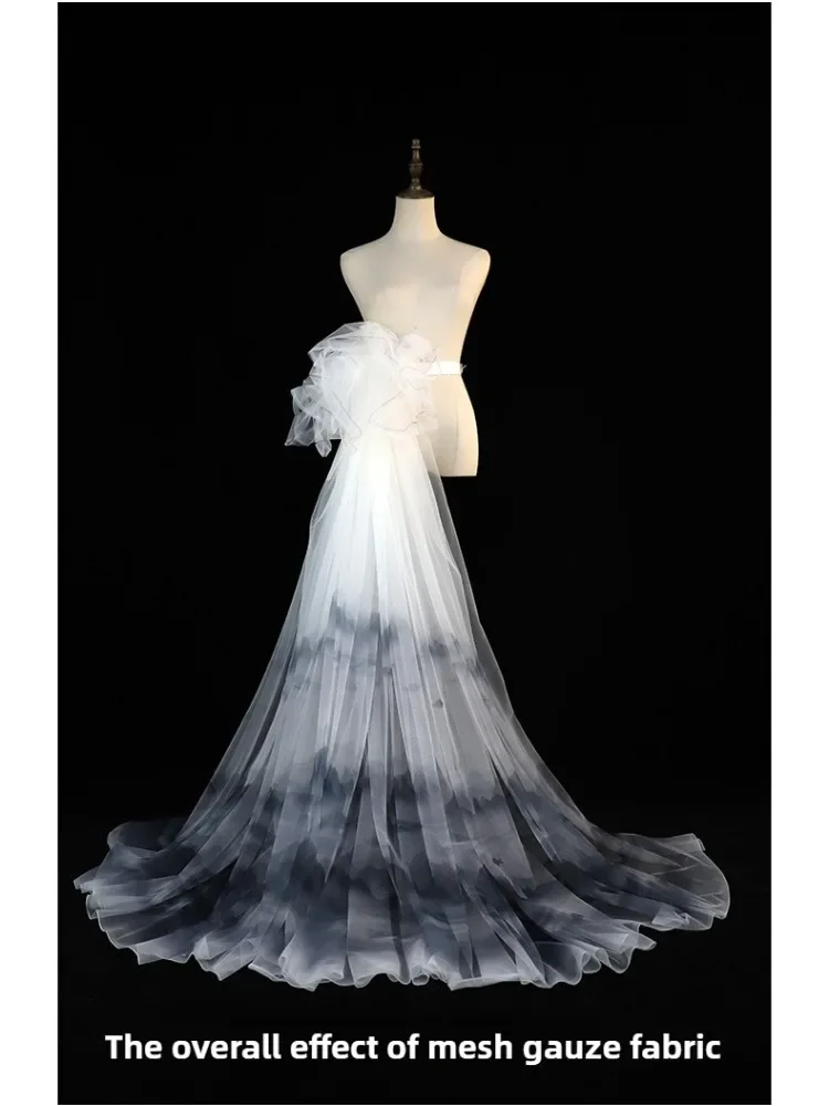 Chinese Style Gradient Mesh Tulle Fabric Printed By The Meter for Hanfu Skirt Veil Sewing Ink Wash Painting Cloth Black White