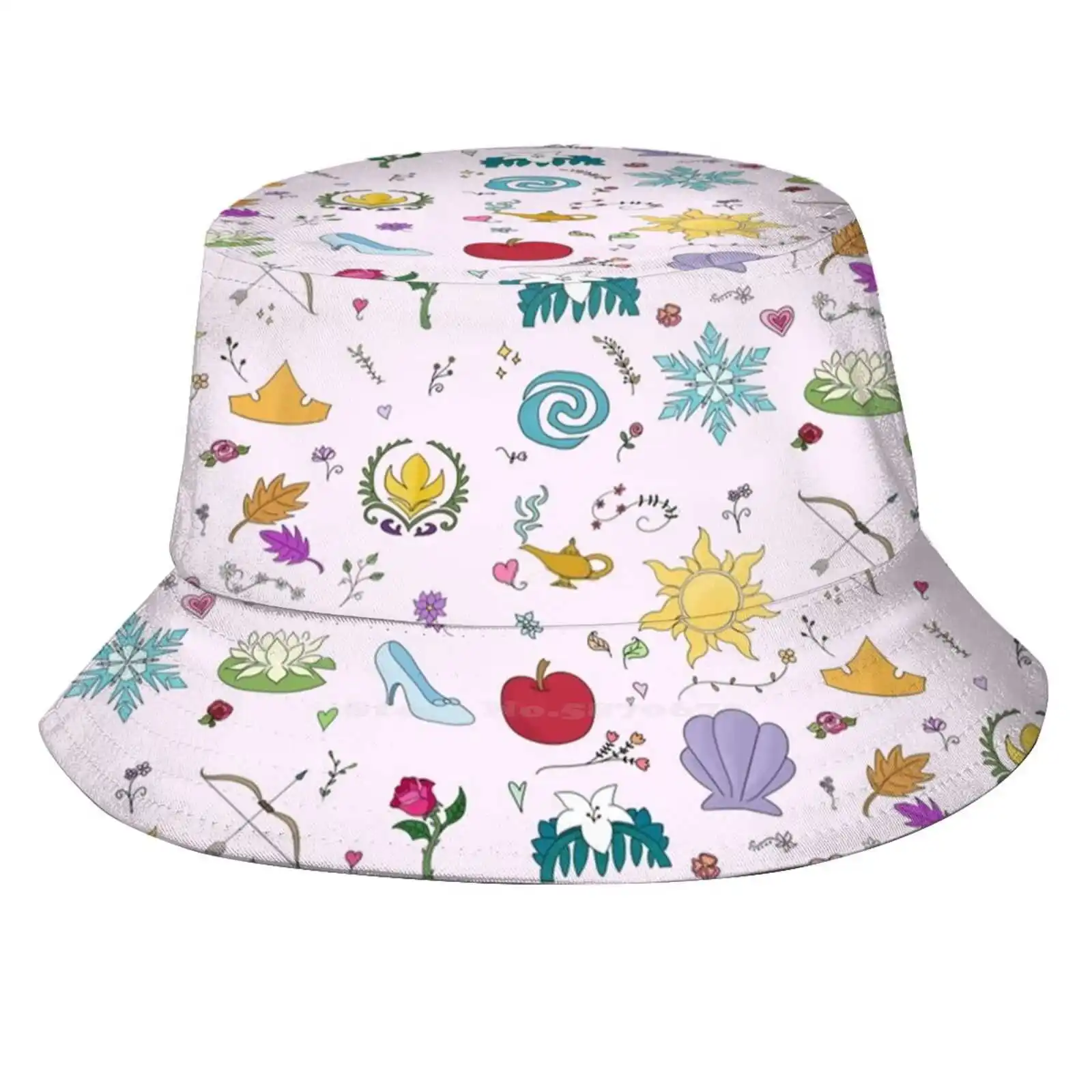 Princess Dreams Flat Top Breathable Bucket Hats Princess Fairytale Pattern Flowers Hearts Crown Aladdin Sleeping Beauty The