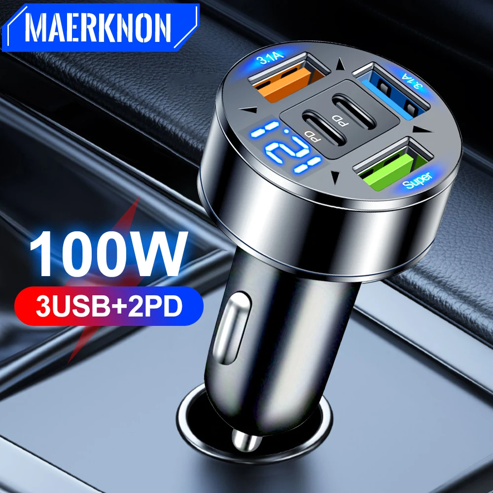 100W 5 Port USB Car Charger Quick Charge 3.0 Car Phone Charger For iPhone Samsung Xiaomi Fast Charging Cigarette Lighter Adapter