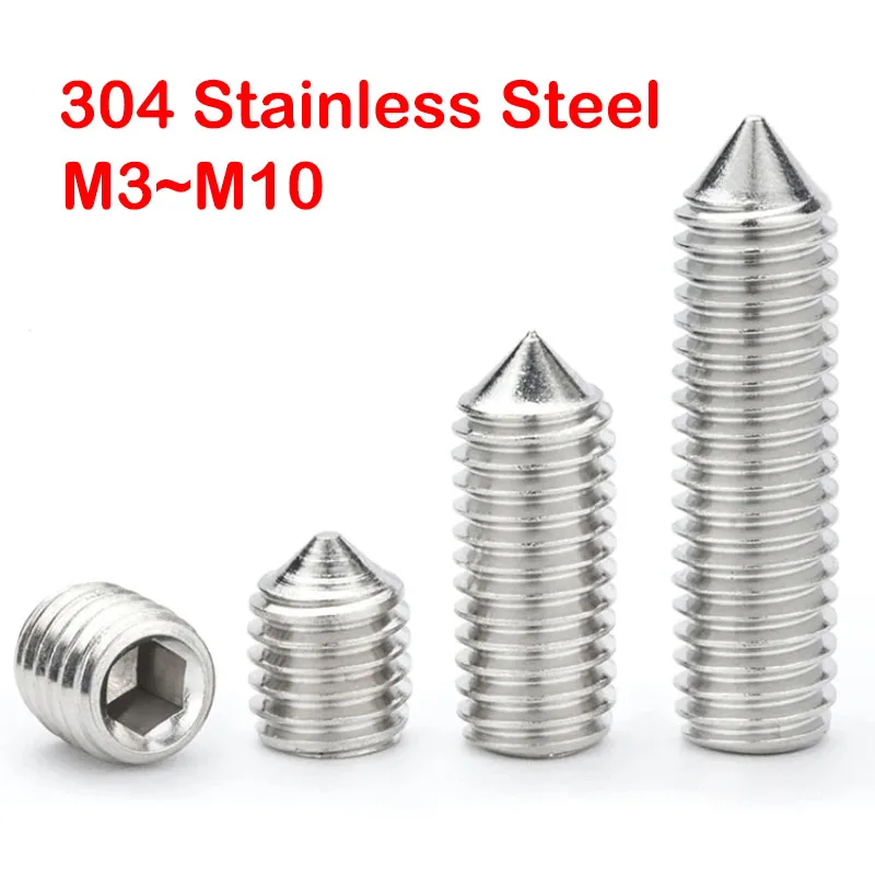 3~20Pcs 304 Stainless Steel Hexagon Socket Set Screw M3 M4 M5 M6 M8 M10 Cone Point Grub Screw None Head Allen Cup Cone Screw