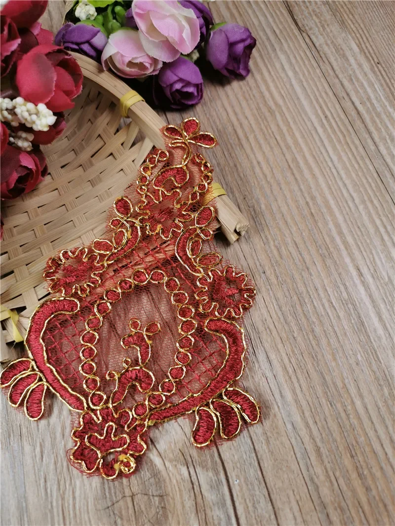 10Pcs Gold Red Claret Colour Gold Cord Outline Venise Lace Appliques Embroider Patch Wedding Dress Lace Decoration DIY 15X9cm