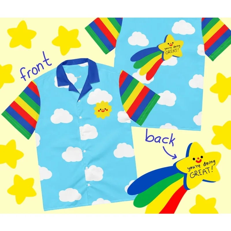 Blue Sky White Cloud Cartoon Star Short Sleeve Shirt Men's and Women's Rainbow Striped Sleeve Smiling Sun Vacation Shirt
