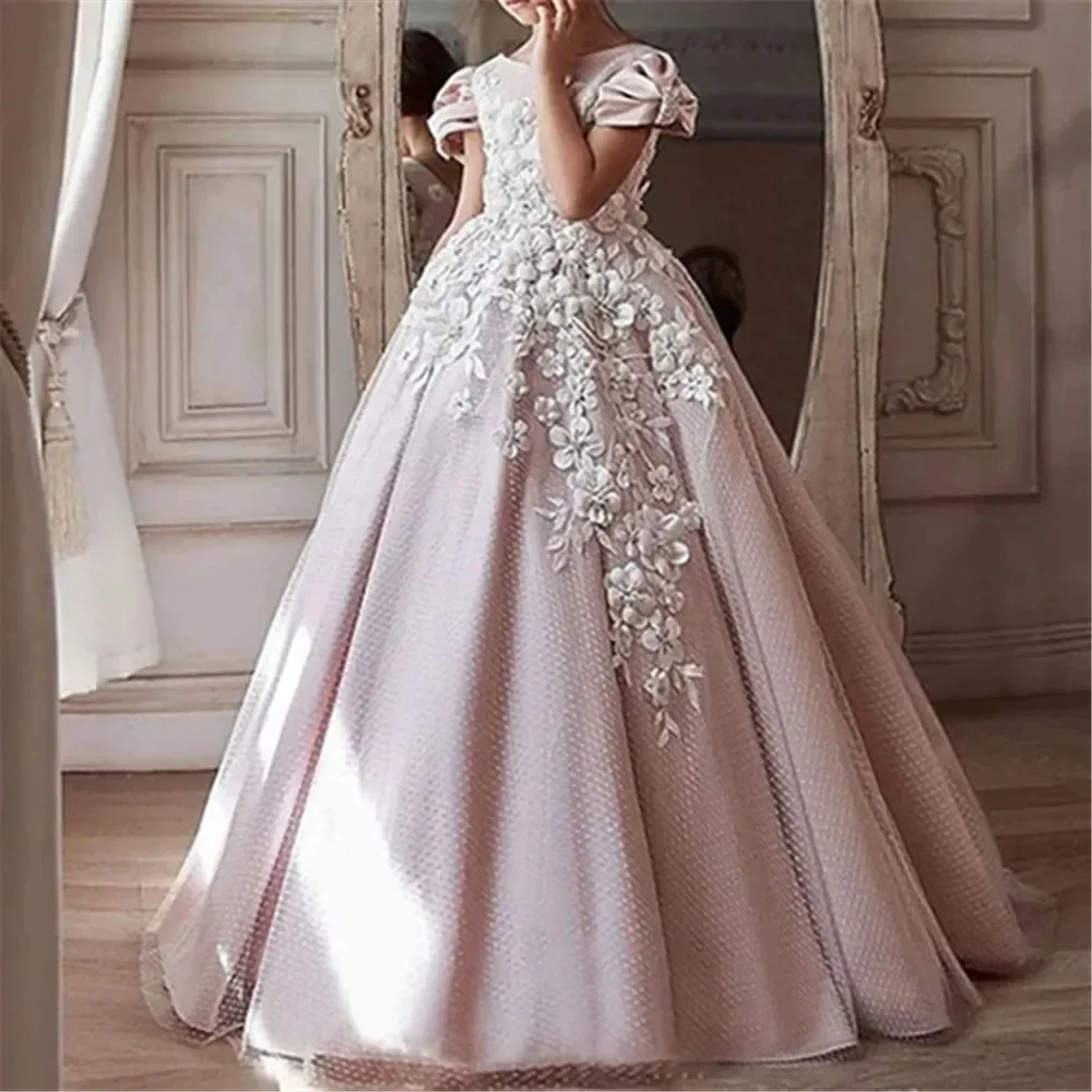 3D Floral Lace Flower Girl Dress Wedding Dress First Christmas Party Gown with Puff Sleeves Ball Gown Kids Formal Occasion Dress