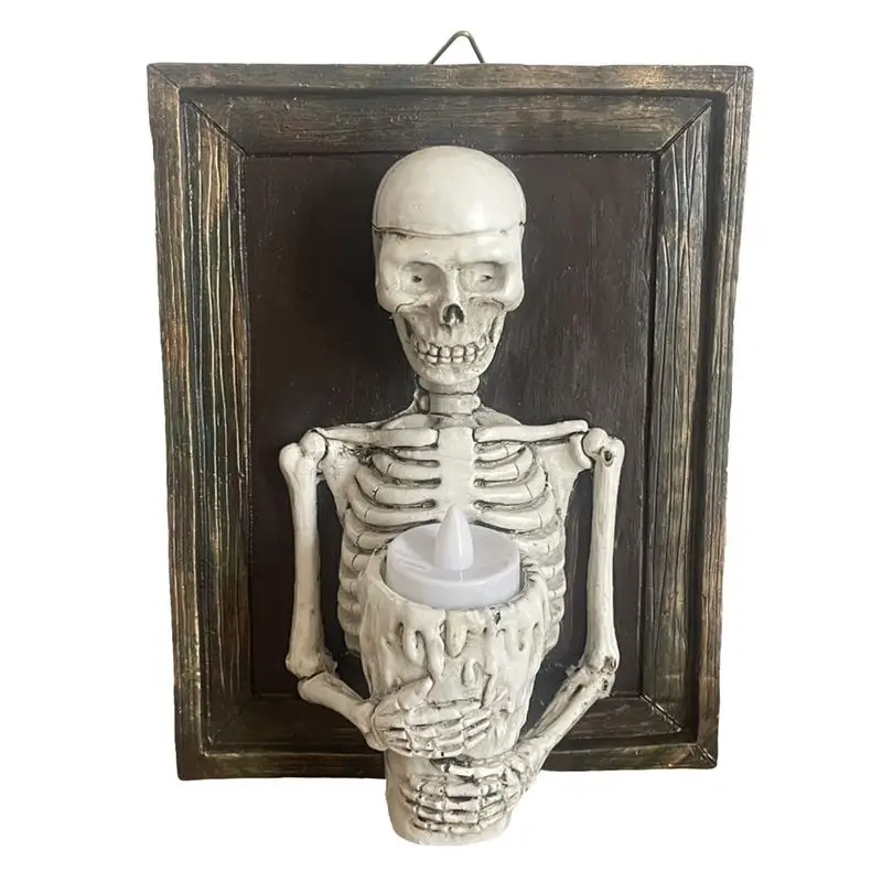 Halloween Candlesticks Flameless 2024 Battery Candle Skeleton Photo Frame Resin Gothic Haunted House Candle LED Light For Desk