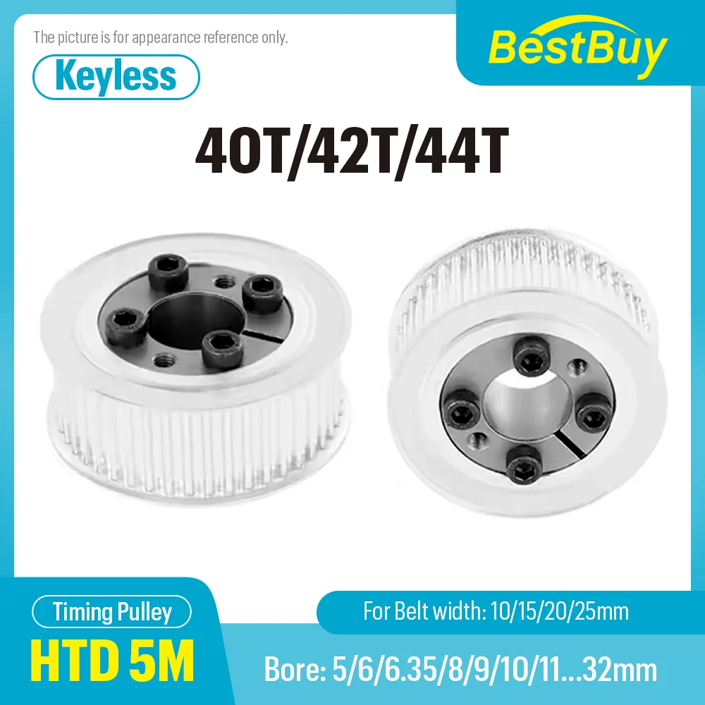 

HTD 5M 40T/42T/44Teeth Timing Pulley Keyless Bushing Bore 5/6/6.35/8/9/10/11/12/14/15-32mm for Belt Width 10/15/20/25mm