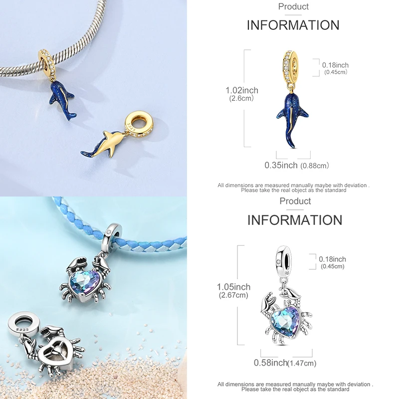 925 Sterling Silber Ozean-Meerestier-Charm-Perlen Wal Delfin Seepferdchen Oktopus Krabbe Mantarochen für DIY Armband Halskette Geschenk – Detail 6