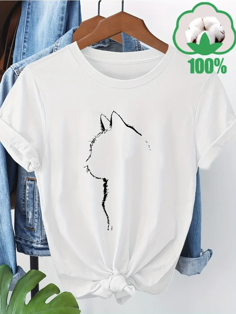 تي شيرت نسائي بنمط قطة مع تصميم بسيط بخط أسود، قميص كاجوال يومي ناعم وجيد التهوية بأكمام قصيرة وأسلوب بسيط