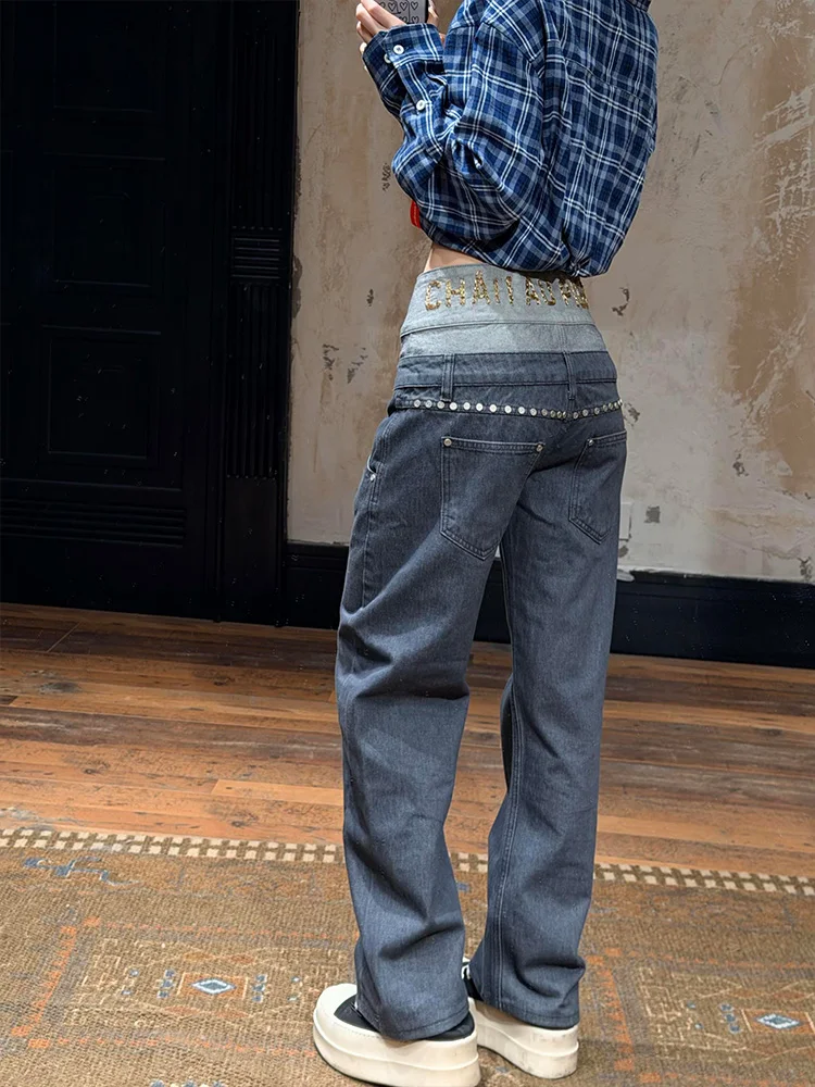 

Джинсы в американском стиле с двойной талией и заклепками, женские, летние, новые, с золотым буквенным дизайном, длинные брюки, повседневные, свободного кроя